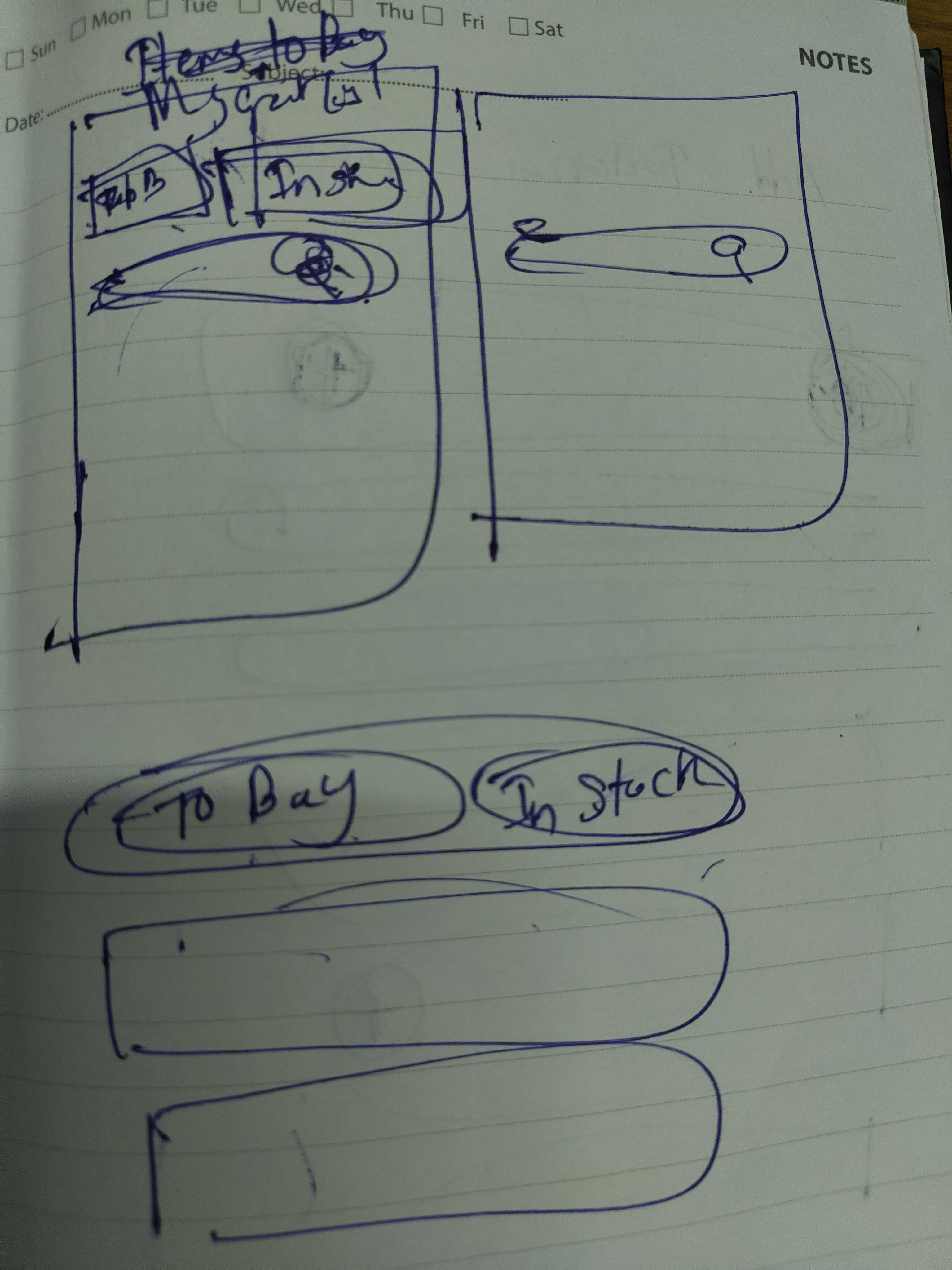 Paper prototype, To Buy / In Stock tabs